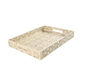 Bandeja rectangular de nácar hecha a mano al por mayor, con mosaico geométrico de conchas verdes en forma de estrella, para decoración del hogar. - Product Image 1