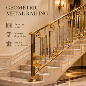 Rampe d'escalier géométrique contemporaine dorée avec détails en spirale, balustres métalliques pour villas, hôtels et intérieurs - Product Image 1