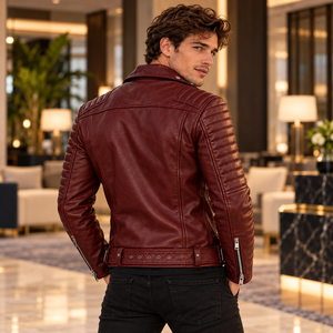 Veste en cuir véritable pour homme, couleur bordeaux, avec ceinture et col à revers, style motard, avec manches matelassées, pour le quotidien et la vente en gros - Product Image 4