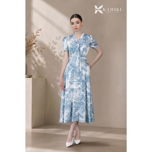 Robe longue élégante en satin bleu à imprimé floral, manches courtes, taille naturelle, style vintage, pour femme, idéale pour les fêtes estivales – Qualité supérieure - Product Image 1