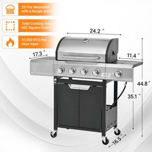 Grill a Gas Propano a 4 Bruciatori in Acciaio Inossidabile con Fornello Laterale per Barbecue da Campeggio e Intrattenimento all'Aperto - Product Image 5