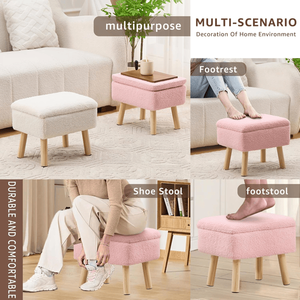 Pouf Contenitore Rettangolare in Tessuto Teddy Fleece con Gambe in Legno Massello, Poggiapiedi Panca per Ingresso, Disponibile in Rosa - Product Image 4
