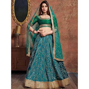 Green Embroidered Silk A-Line Plus Size Bridesmaid <b>Lehenga</b> Choli with Ruffles - Product Image 1
