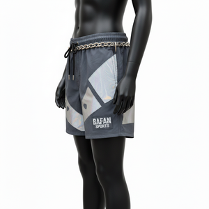 Shorts de Baño Premium para Mujer, 125 GSM, Tela de Poliéster Suave, Color Gris Carbón, Paneles Geométricos Reflectantes, Logotipo Termoadhesivo - Product Image 3