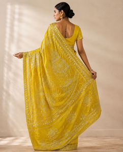 <b>Yellow</b> Bandhani Moonga Silk Vintage Floor-Length <b>Saree</b> Mirror Work Border Elegant Indian Wedding Wear Designer Party Wear Women - Product Image 2