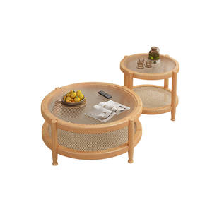 Modern Rattan Coffee <b>Table</b> Set With Storage <b>Shelf</b> Coastal Living Room Furniture Nesting Design Wooden Frame - Product Image 6