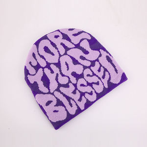 <b>Purple</b> Jacquard Knit Beanie With Letter Pattern Unisex Street Style <b>Hat</b> 56-58CM Adult Casual Wear Multi Color Beanie <b>Hat</b> - Product Image 1