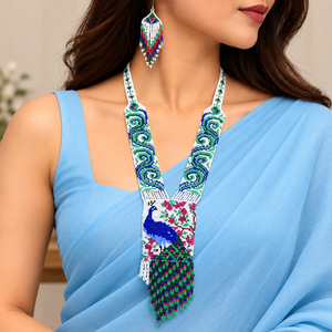 Conjunto de Collar y Pendientes de Cuentas Chapados en Oro con Diseño de Pavo Real, Estilo Bohemio Étnico para Mujer, Joyería de Destaque para Fiestas y Sarees - Product Image 1