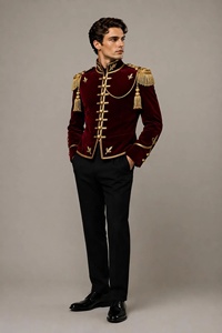 Veste de smoking en velours bordeaux pour homme avec broderie dorée, col mandarin, double boutonnage, style britannique, tenue formelle - Product Image 3