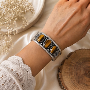Earthbound Tiger Eye Trio Gem Wide <b>Cuff</b> Bezel Setting Handcrafted <b>Silver</b>/Gold Plated Brass Vintage Gift Jewelry - Product Image 2