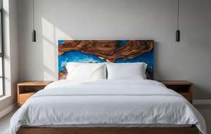 Cabecera de Cama de Madera Maciza con Resina Epoxi Azul Profundo, Color Personalizado, Diseño de Corazón |   Muebles de Dormitorio Modernos de Lujo con Diseño Artístico y Calefacción - Product Image 2