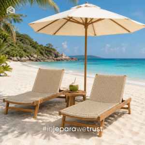 Chaise longue Samodra en teck premium, élégante, avec corde tressée, durable, réglable, pliable, écologique, pour extérieur, plage, piscine - Product Image 1
