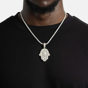 <b>Silver</b> Moissanite Hamsa <b>Pendant</b> White Tone Baguette Stone Hip Hop Jewelry Statement Necklace Charm <b>For</b> <b>Men</b> White Tone <b>Silver</b> - Product Image 2