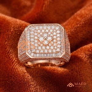 Custom <b>Men</b>’s Ice Out <b>Ring</b> 14K Rose Gold | Luxury Square Cluster Pave <b>Ring</b> with Baguette Border | Rose Gold Wedding Band for <b>Men</b> - Product Image 1
