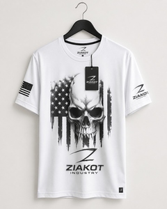 เสื้อยืด ZIAKOT ดีไซน์ใหม่สำหรับผู้ชาย สีขาวดำ ลายหัวกะโหลก 3 มิติ พร้อมธงชาติอเมริกา สำหรับการแสดง - Product Image 1