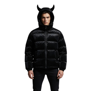 Mens Shiny Puffer Jacket Black <b>Devil</b> <b>Horn</b> Hood Glossy Down Hooded Quilted Winter Streetwear Novelty Oversized Custom OEM - Product Image 1