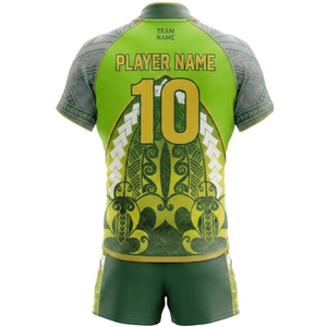 Conjunto de Camiseta de Rugby Sublimada Personalizada, Unisex, Verde y Amarillo, Estampado Tribal, Absorbe la Humedad, Manga Corta, Uniforme, Tallas Grandes, Todas las Temporadas - Product Image 3