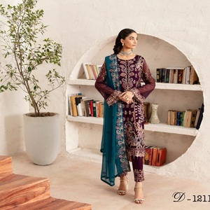 Ramsha Vol R-12 Designers pakistanais trois pièces en mousseline de soie brodée costumes femmes fête porter des robes Panjabi - Product Image 3