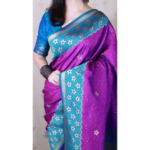Sari en soie Banarasi violet ondulé Elite Weaves avec un motif Zari tissé unique, chemisiers et chemises doux pour femmes - Product Image 5