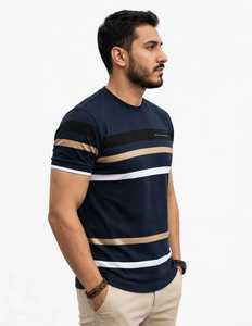 T-shirt à manches courtes pour homme, bleu marine rayé, col rond, coupe classique, décontracté, logo sur le devant, respirant, tricoté - Product Image 6