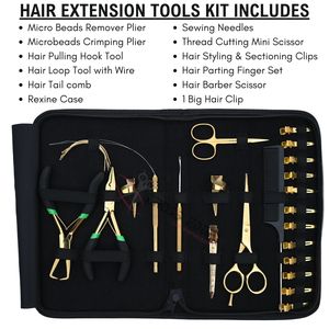 Kit d'outils professionnels pour extensions de cheveux dorées : Enfileur de micro-anneaux, Pince à sertir les micro-perles, Pince à ouvrir et retirer les perles, Ciseaux - Product Image 2