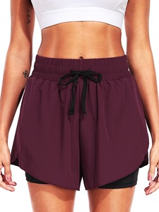 Shorts en tricot couleur prune pour femme, taille haute, cordon de serrage, style sportif, séchage rapide, coupe régulière, motif uni - Product Image 1