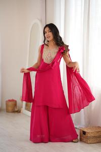 Ensemble de vêtements ethniques et accessoires : Haut en soie romaine véritable avec broderie miroir, pantalon palazzo et dupatta à motif nœud (HTU 67) - Product Image 3