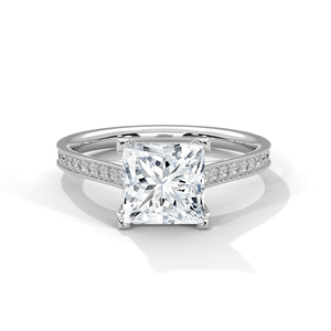 14K Solid White Gold <b>Ring</b> GRA Certified Princess Cut Lab Grown <b>Diamond</b> <b>Ring</b> Modern Classic Design <b>Ring</b> With Paved <b>Diamond</b> Band - Product Image 1