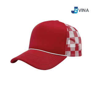 Custom Logo Mesh Trucker Hat Adjustable Foam Rope Cap Red White Plaid for Outdoor Casual Wear - Product Image 1