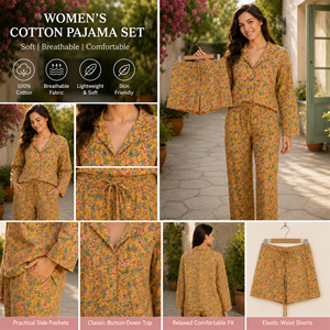 Conjunto de pijama de algodón estampado floral hecho a mano en India para mujer, ropa de dormir tejida, traje de descanso con cintura con cordón. - Product Image 3