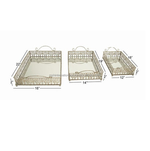 Oval Metal Decorative Trays Set Of 2 With Mirror Base And Handle Traditional Design For <b>Home</b> Decoration - Product Image 3