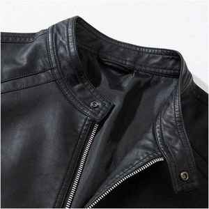 Veste en cuir véritable pour homme, col montant, fermeture éclair, coupe ajustée, style motard, vêtement d'hiver, imperméable et coupe-vent - Product Image 5