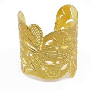 กำไลข้อมือทองชุบ 14K 18K 24K ลายดอกไม้สำหรับผู้หญิง ดีไซน์กว้าง ประดับด้วยโซ่ห้อยตกแต่งอย่างประณีต เครื่องประดับแฟชั่น ขายส่ง - Product Image 2