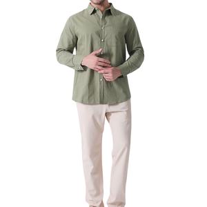 Chemise en lin vert pour homme, manches longues, couleur unie, col rabattu, style décontracté avec poches, respirante, coupe classique - Product Image 3