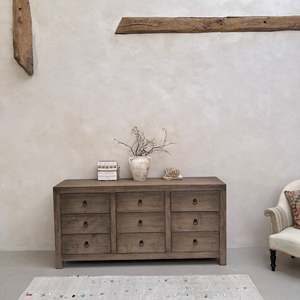 Commode à neuf tiroirs en bois d'orme massif, fabriquée à la main, écologique, style rustique, vintage, pour salon de ferme - Product Image 6
