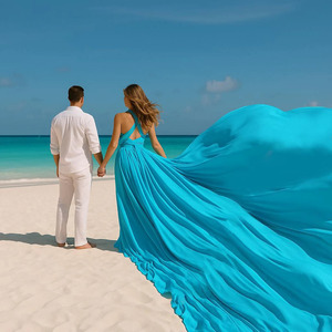 Vestido Largo de Satén de Seda Azul Turquesa Estilo Santorini con Cola Fluida, Vestido Maxi Azul Océano para Sesión de Fotos, Vestido de Noche - Product Image 4
