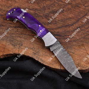 Luxury Custom Damascus Steel Industrial Folding Pocket Knife Drop Point Epoxy Handle Men's EDC Hunting Camping Genuine <b>Leather</b> - Product Image 5