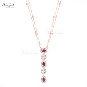 Luxury 14K Real Gold 0.63CTW Red <b>Ruby</b> Stone & Diamond Halo Lariat <b>Necklace</b> for Women Gemstone <b>Necklace</b> Wedding Jewelry Supplier - Product Image 1