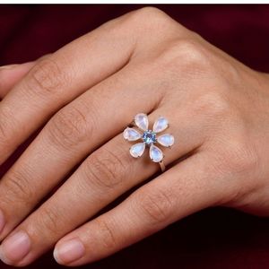 Anillo Clásico de Plata de Ley 925 con Piedra Lunar Blanca Arcoíris y Topacio Azul para Mujer, Ideal para Fiestas - Product Image 6