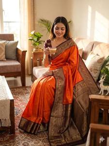 Orange Banarasi Silk <b>Saree</b> For Women Luxury Zari Border Designer Wedding Party Wear Traditional Indian Ethnic <b>Saree</b> With <b>Blouse</b> - Product Image 2