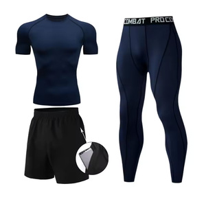 Mens Compression Set Short Sleeve T Shirt <b>Leggings</b> Shorts 3PCS Gym Workout Running Training Suit Custom Logo Heavyweight Apparel - Product Image 1