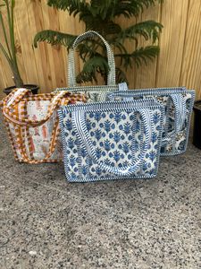 Premium <b>Mini</b> Women's Handmade Cotton Quilted <b>Tote</b> <b>Bag</b> with Chains Open Closure Water Resistant Summer Carry <b>Bag</b> - Product Image 2