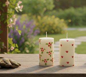 Ensemble de 2 bougies piliers artisanales en cire de soja et paraffine, imprimé cœurs de baies de houx, non parfumées, à combustion longue durée - Vente en gros pour la décoration d'événements et de la maison - Product Image 3