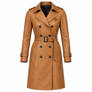 Women's Genuine Leather <b>Trench</b> <b>Coat</b> | Cognac Black <b>Burgundy</b> | OEM ODM Manufacturer | Premium Quality Design | Leather Wear | - Product Image 1