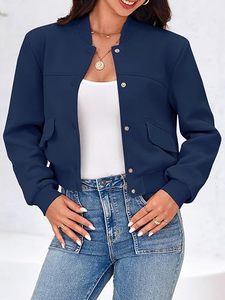Chaqueta Bomber Azul Marino para Mujer, Manga Larga, Cuello Alto, Cierre de Botones, Ropa Exterior Informal, Color Sólido, Bolsillos con Parches, Corte Corto - Product Image 3