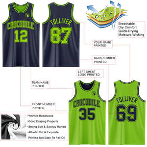 Uniforme de baloncesto personalizado en verde lima y azul marino, con malla, nombre del equipo, número, ropa deportiva para entrenamiento atlético. - Product Image 3