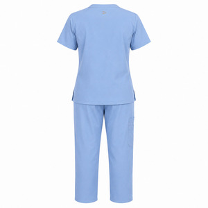 Women Light Blue V-Neck <b>Scrub</b> <b>Set</b> With Pockets Hospital Uniforms Woven Polyester Cotton Pants and Top - Product Image 2