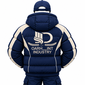 OARH INT INDUSTRY Veste matelassée à capuche pour homme, couleur marine et beige, coupe-vent, épaisse, hiver, fermeture éclair - Product Image 2