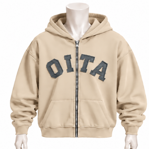 Beige Mens <b>Full</b> <b>Zip</b> Hoodie Chenille Letter Patch Heavyweight Fleece Oversized Casual Streetwear <b>Sweatshirt</b> with Kangaroo Pockets - Product Image 1