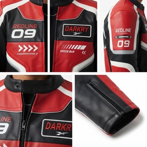 Mens Red Black Leather Motorcycle Biker <b>Racing</b> <b>Jacket</b> Custom Color Block Panel Stand Collar Zip Up Slim Fit Streetwear Coat - Product Image 6